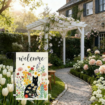 Baccessor Spring Summer Black Cat Garden Flag Double Sided 12.5 x 18 Inch Burlap with Clip and Stopper,Floral Flowers Welcome Flag Front Yard Lawn Seasonal Farmhouse Outside Outdoor Decoration