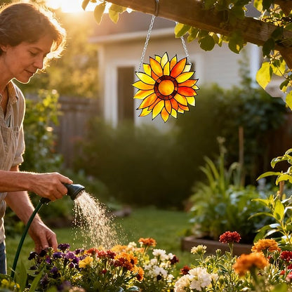 Sunflower Sun Catcher Stained Glass, Sunflower Suncatcher for Window, Hanging Suncatcher for Grandma/Mom/Women
