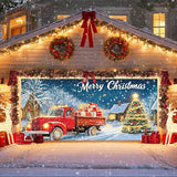 IVN Christmas Garage Door Banner 6x13 ft Red Vintage Truck with Gifts Backdrop Garage Door Covers Decorative Holiday Garage Door Cover Mural Snowy Christmas Tree Scene