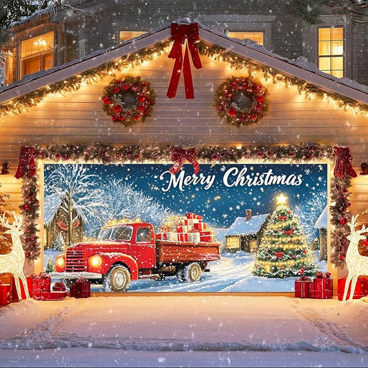 IVN Christmas Garage Door Banner 6x13 ft Red Vintage Truck with Gifts Backdrop Garage Door Covers Decorative Holiday Garage Door Cover Mural Snowy Christmas Tree Scene