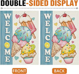 Dyrenson Welcome Summer Ice Cream Decorative Garden Flag, Sweet Popsicle Love Hearts Yard Outside Home Decoration, Farmhouse Burlap Outdoor Small Decor Double Sided 12 x 18