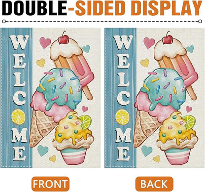 Dyrenson Welcome Summer Ice Cream Decorative Garden Flag, Sweet Popsicle Love Hearts Yard Outside Home Decoration, Farmhouse Burlap Outdoor Small Decor Double Sided 12 x 18