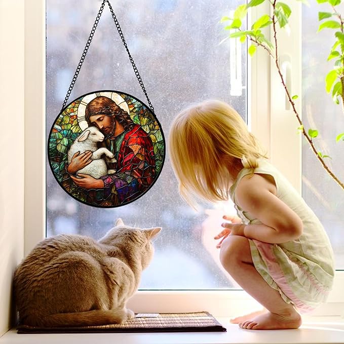 DASTOLL Stained Glass Window Hanging, Jesus Little Lamb Sun Catchers Colorful Glass Panel Christianity Suncatcher Decor for Birthday for Women, Men, Wife, Aunt, and Mom 9.8 in