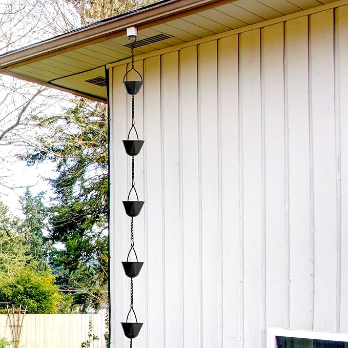 Invech 12.5FT Adjustable Rain Chains for Gutters, Outside Rain Catcher Chain with 12 Cups for Eaves Drainage, Replacement for Downpout (Black)