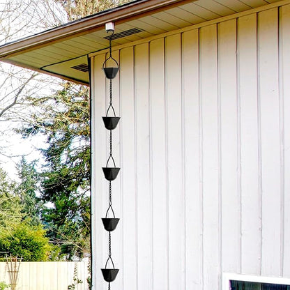Invech 12.5FT Adjustable Rain Chains for Gutters, Outside Rain Catcher Chain with 12 Cups for Eaves Drainage, Replacement for Downpout (Black)