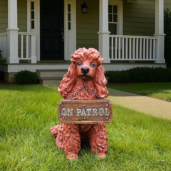 Poodle Garden Statue with Solar Lantern, Realistic Dog Sculpture, Birthday Gift for Women Mom Grandma, Housewarming Gift for New Home, Outdoor Resin Puppy Decor,Brown