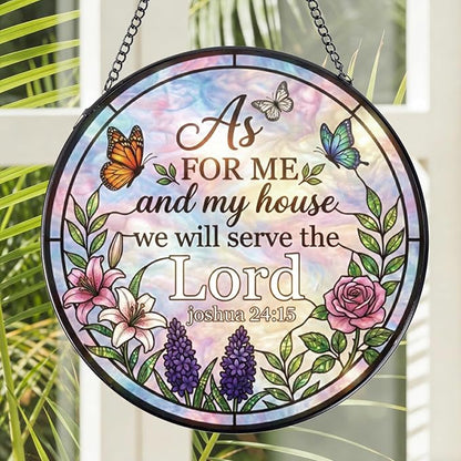 Rngmsi Christian Stained Glass Window Hanging, 7.8″ As for Me and My House We Will Serve The Lord Scripture Suncatchers, Bible Verse Religious Gifts for Women Men Housewarming Easter