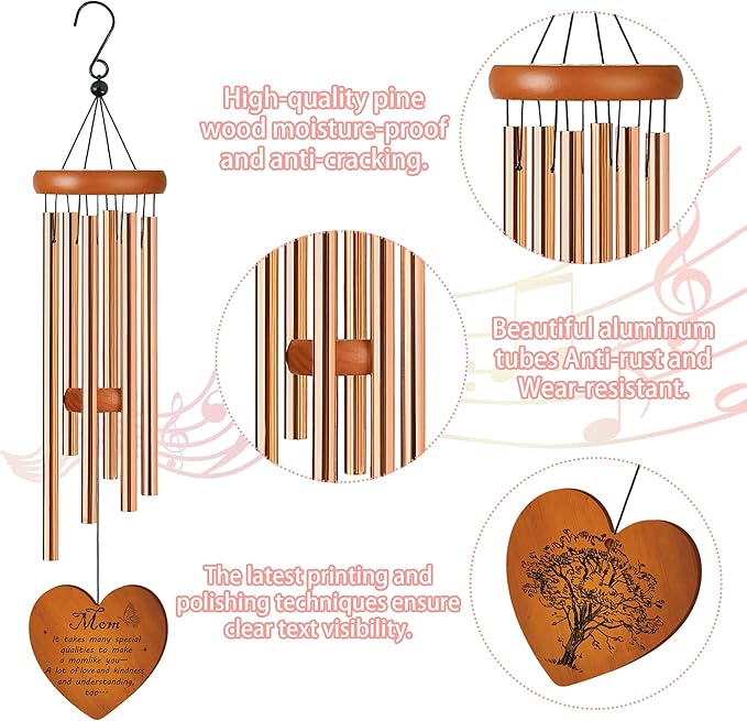 Mom Wind Chime for Outside, Heartfelt for Women, Metal Wind Chime Yard Art, Soothing Home Garden Patio Outdoor Indoor Decor
