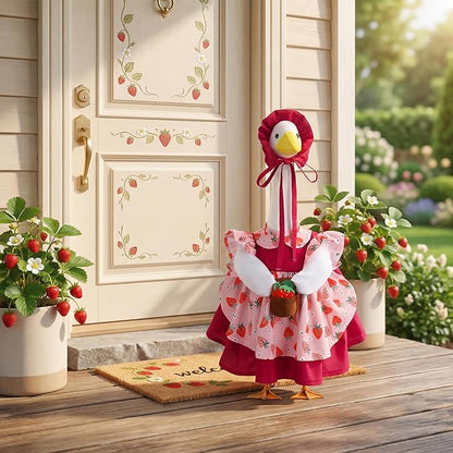 Abbylike Spring Porch Goose Outfit Strawberry Porch Goose Skirt Costume Clothes Fits Large 23'' Cement Statue for Summer Garden Outdoor Yard Lawn Patio Decorations