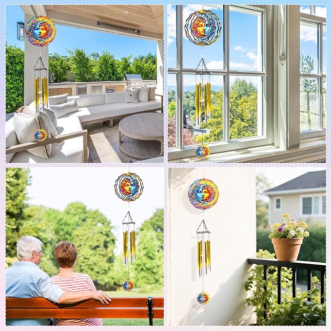 Sun Moon Celestial Wind Spinner Chimes Outdoor Astrology Sun Moon Yard Spinner Stainless Steel Celestial Wind Spinner Chime Outdoor Garden Porch Patio Decor