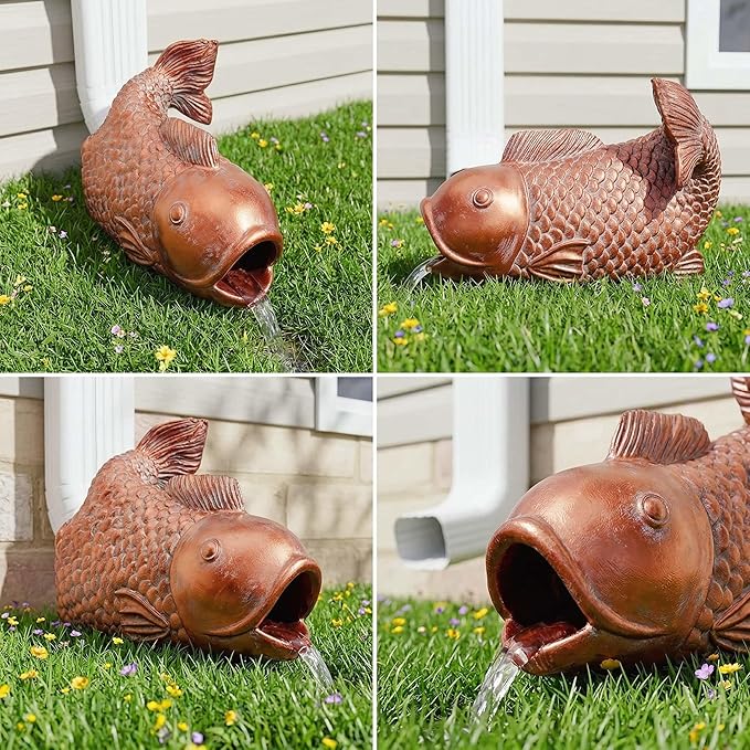 Real Koi Gutter Downspout Extender Statue, Garden Ornament, Fish Decorative Gutter Extension Downspout, Perfect Rain Diverter for 3"x4" Downspouts, Eco-Friendly Resin, Outdoor Decor Gift