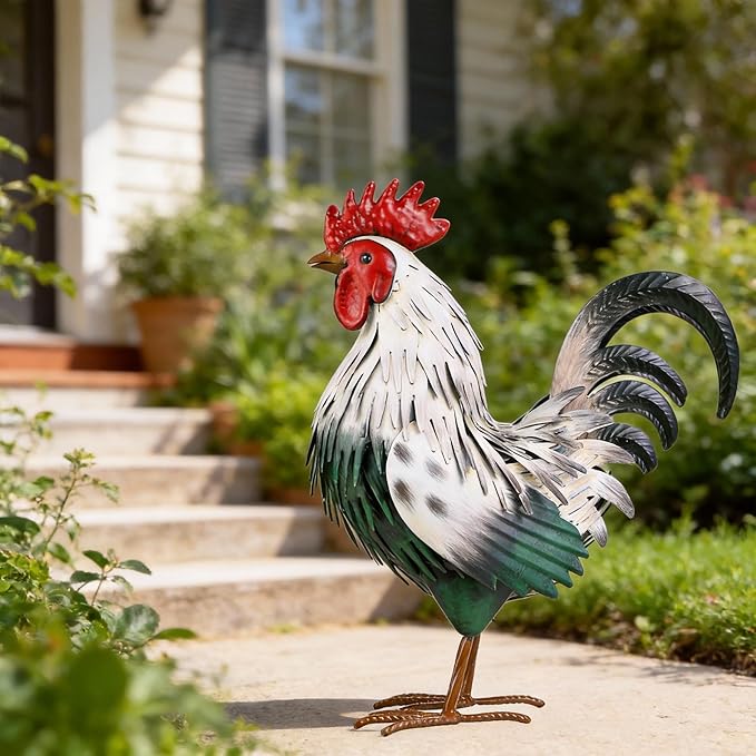 Ratuor Rooster Garden Statue Sculpture Metal Chicken Yard Decor Outdoor Figurines Patio Backyard Decoration