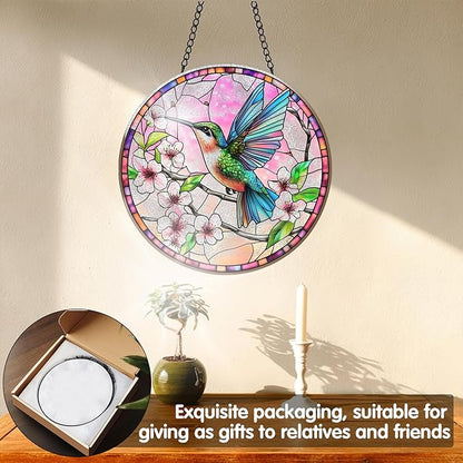 VAIIEYO Hummingbird Sun Catcher Stained Glass Window Hanging Ornament, Handmade Sun Catcher Animal Decoration with Hooks, Window Garden Home, Birthday Housewarming (7.8 inch)