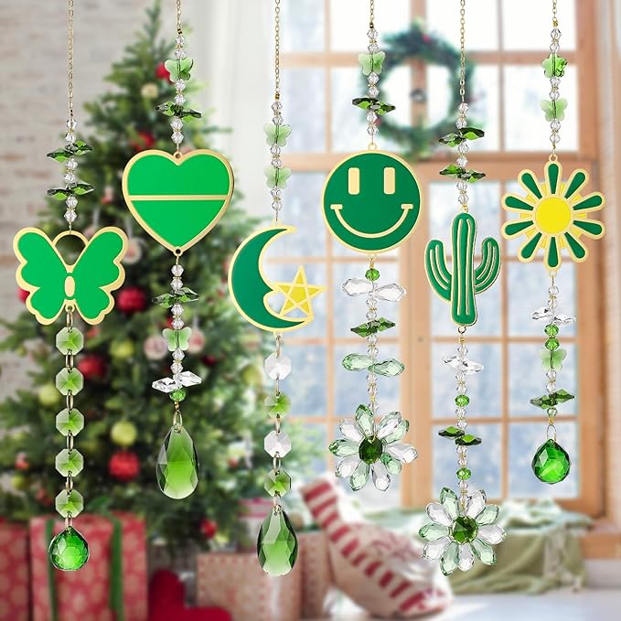 Crystal Sun Catcher Green Rainbow Maker Hanging Suncatchers Window Decor Christmas Ornaments for Tree Gift for Mom Women Set of 6