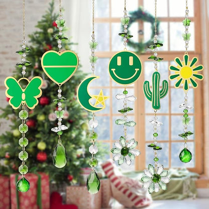Crystal Sun Catcher Green Rainbow Maker Hanging Suncatchers Window Decor Christmas Ornaments for Tree Gift for Mom Women Set of 6