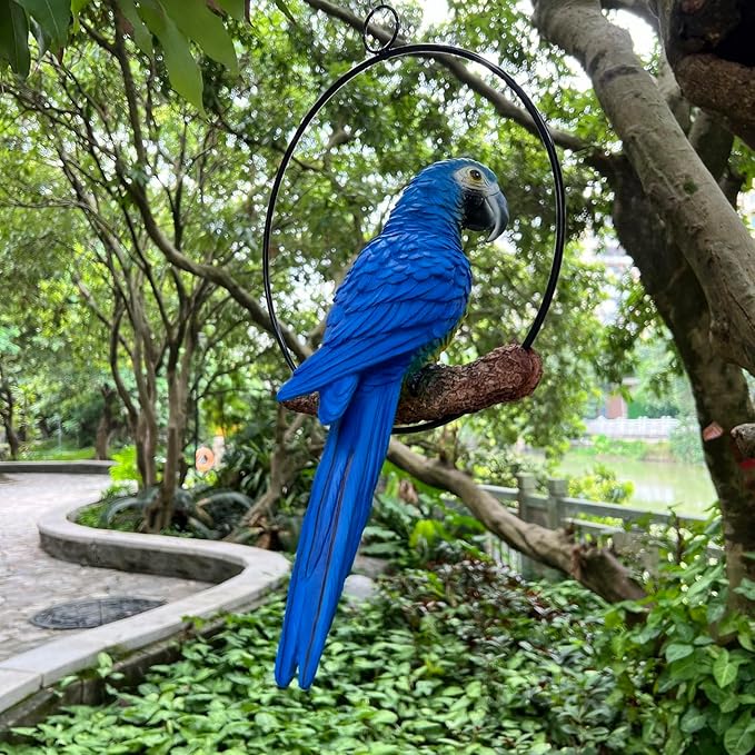 Hanging Parrot Macaw Sculpture Ring Perch Indoor/Outdoor Statue for Patio Home Garden, Medium 15 Inch Tall
