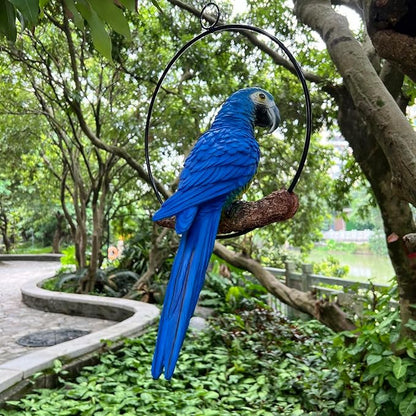Hanging Parrot Macaw Sculpture Ring Perch Indoor/Outdoor Statue for Patio Home Garden, Medium 15 Inch Tall
