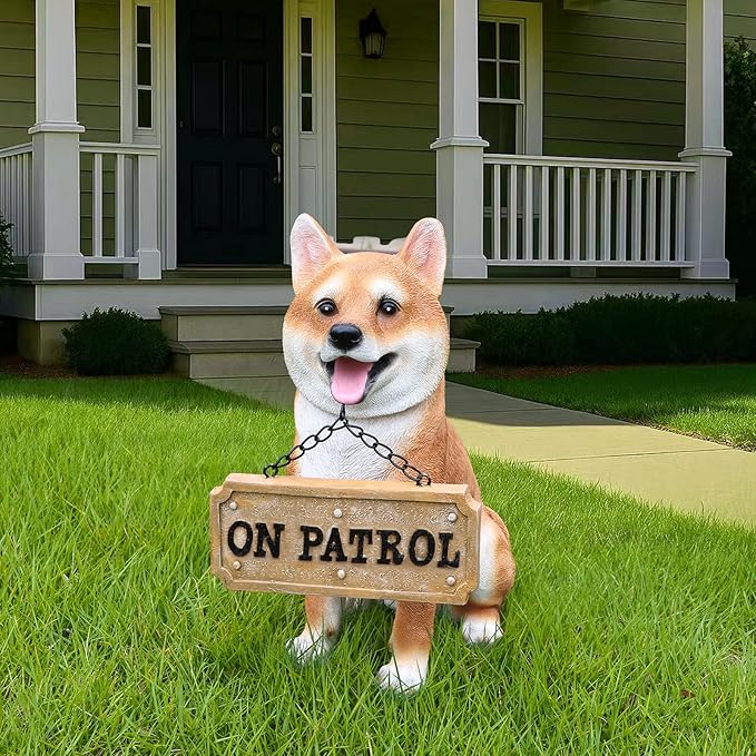 Akita Dog Garden Statue with Solar Lantern, Outdoor Resin Puppy Animal Sculpture with Double-Sided Sign (Welcome & On Patrol), Waterproof Lawn Yard Porch Patio Decor, Dog Lover Gifts, 11.4"