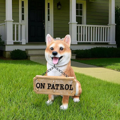 Zen-Porch Akita Accent with Solar Lantern and Double-Sided Sign, Sitting Brown & White Japanese Akita Statue for Steps, Balcony & Entryway