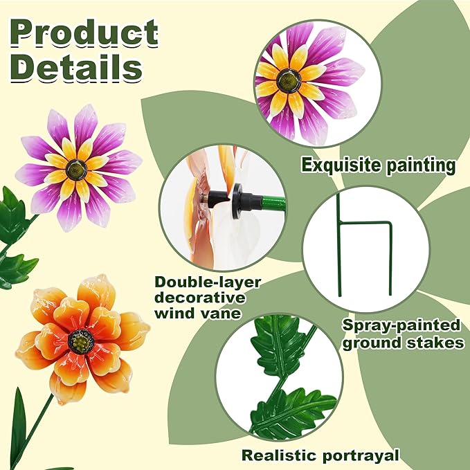 2 Pack Metal Flower Wind Spinners, Outdoor Garden Stakes with Stable H-Base, Kinetic 3D Floral Windmills for Yard, Lawn, and Pathway Decor (Orange & Purple)
