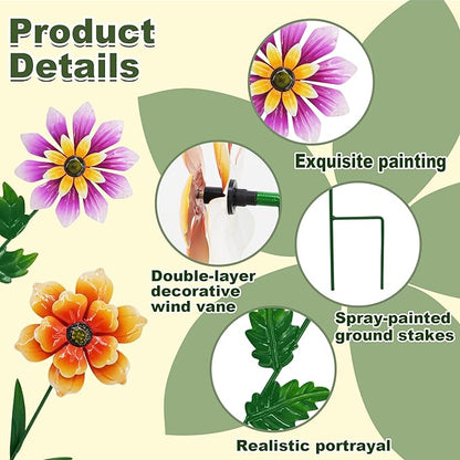 2 Pack Metal Flower Wind Spinners, Outdoor Garden Stakes with Stable H-Base, Kinetic 3D Floral Windmills for Yard, Lawn, and Pathway Decor (Orange & Purple)