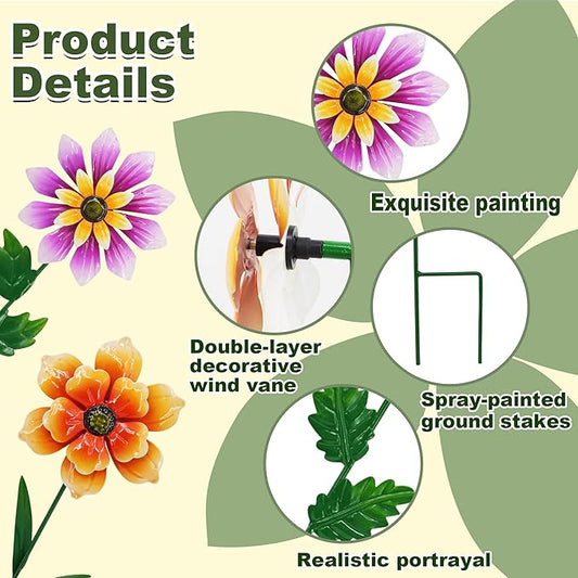 2 Pack Metal Flower Wind Spinners, Outdoor Garden Stakes with Stable H-Base, Kinetic 3D Floral Windmills for Yard, Lawn, and Pathway Decor (Orange & Purple)
