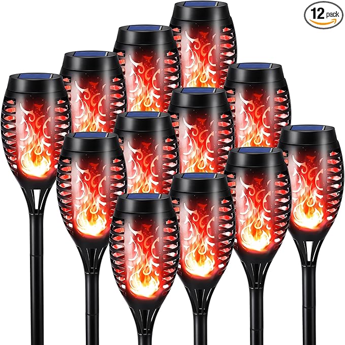 Toodour Solar Torch Flame Lights, 12 Pack Solar Lights Outdoor with Flickering Flame, Waterproof Patio Light Landscape Decoration Lighting for Garden, Lawn, Yard, Outdoor Decorations - Red
