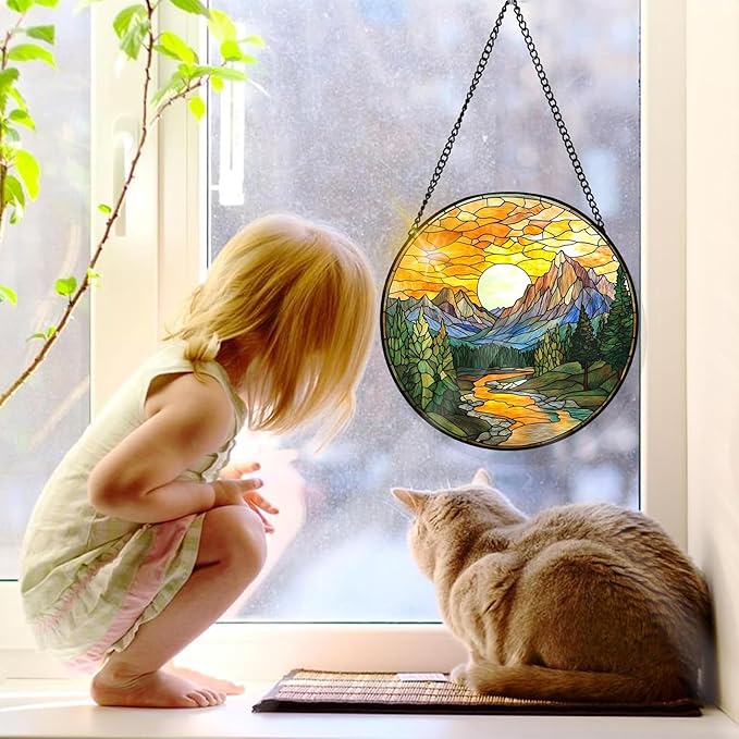 Bimkole Scenery Stained Glass Suncatcher Window Hanging - Rivers Indoor Window or Doorway Decoration - Handmade Sun Catcher Decor for Garden Home Christmas & Birthday Gifts 7.87x7.87 inch