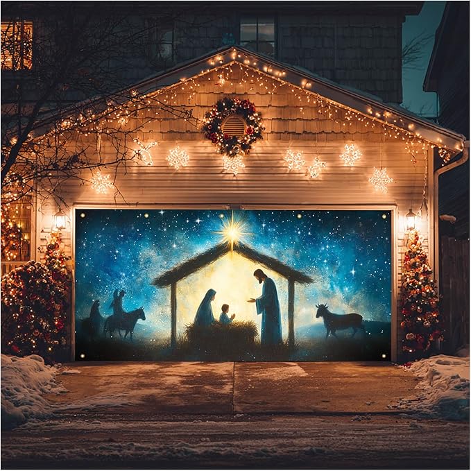 HOMETITUTE Christmas Garage Door Banner 13x6ft Holy Nativity Theme Backdrop Holiday Seasonal Decor Winter Door Cover Banners for Outside Garage Wall Covering for Party Garage Decorations