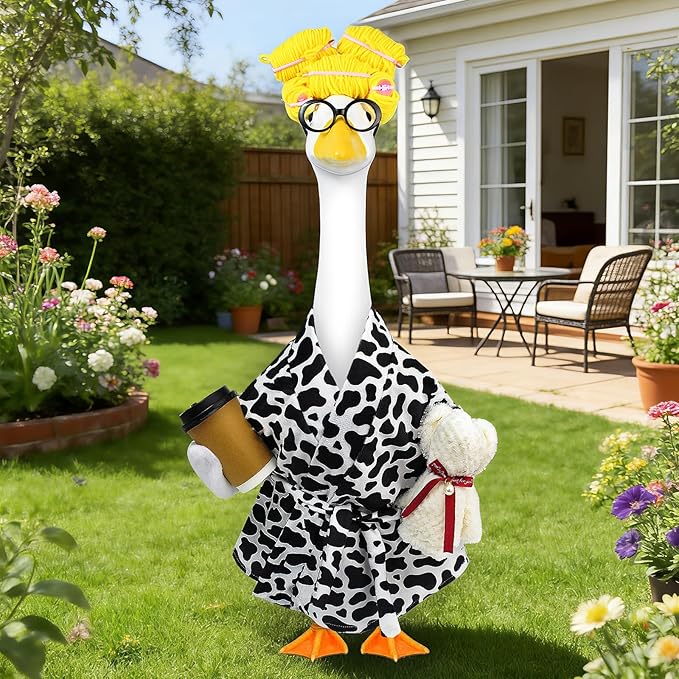 Lady Porch Goose Outfits,Bathrobe Porch Goose Statue Costume with Curlers Reading Glasses Coffee Cup Towel,Cute Goose Clothes for 23-Inch Cement Statue,Lawn Yard Garden Patio Decor（Cow Print）