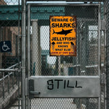 Funny Beware of Dog Sign Private Property No Trespassing Warning Signs, Beware of Sharks Jellyfish, Yard Sign Garage Farm Garden Wall Decor Sign Plaque Outdoor for Home Fence 8 X 12 Inches