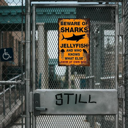 Funny Beware of Dog Sign Private Property No Trespassing Warning Signs, Beware of Sharks Jellyfish, Yard Sign Garage Farm Garden Wall Decor Sign Plaque Outdoor for Home Fence 8 X 12 Inches