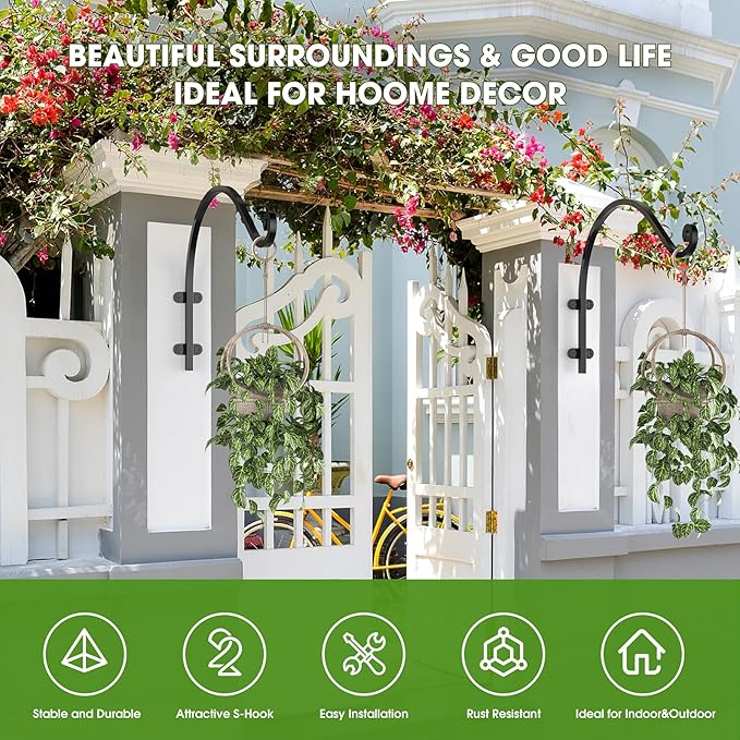 2Pack Heavy Duty Hanging Plant Brackets for Plants Basket Outdoor and Indoor, 16Inch Hanging Brackets Outdoor, 80lbs Holds Metal Plant Hanger Wall Hooks for Hanging Flower Pot Bird Feeder Lanterns
