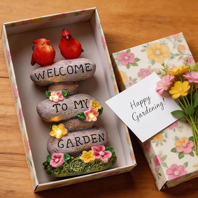 TERESA'S COLLECTIONS Garden Statues with Outdoor Solar Lights for Garden Decor, Cardinal Birds Welcome Yard Sign Rocks & Flower Resin Valentines Decorations, Gifts for Mom Yard Decor, 11"