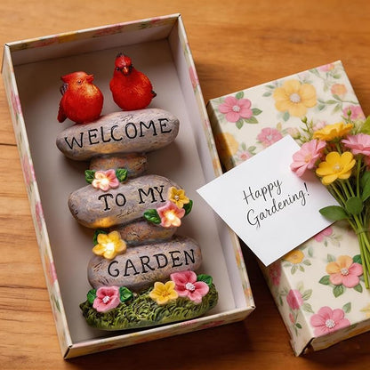 TERESA'S COLLECTIONS Garden Statues with Outdoor Solar Lights for Garden Decor, Cardinal Birds Welcome Yard Sign Rocks & Flower Resin Valentines Decorations, Gifts for Mom Yard Decor, 11"