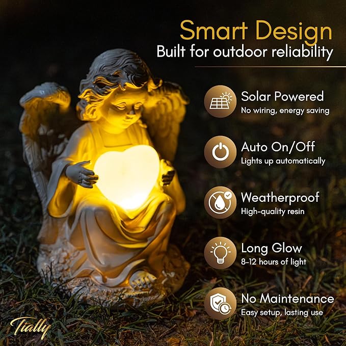 TIALLY Solar Garden Angel Statue – Praying Guardian Angel Statue Light for Outdoor Yard Decor, White Resin Garden Sculpture with Soft Glow for Angels Memorial or Cemetery Use