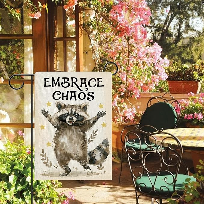 Dyrenson Funny Raccoon Decorative Garden Flag, Embrace Chaos Stars Yard Outside Home Decoration, Farmhouse Burlap Outdoor Small Decor Double Sided 12 x 18