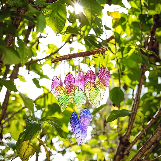 Glass Wind Chimes Suncatcher for Outside,23" Colorful Glass Leaf Wind Chimes Outdoor,Crystal Hanging Wind Chime for Home,Garden,Patio and Yard Decor