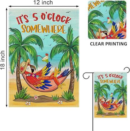 Welcome Summer Parrot Bird Decorative Garden Flag, It's 5 O'clock Somewhere Beach Coastal Tropical Palm Tree Yard Outside Decoration, Hawaii Nautical Outdoor Small Home Decor Double Sided 12x18