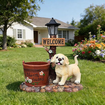 Solar Light Animal Outdoor Statue Planter with Welcome Sign, Resin Garden Sculpture Flower Pot for Patio Lawn Porch Yard Courtyard Decor, Weather-Resistant Decorative Figurine Accent (G)