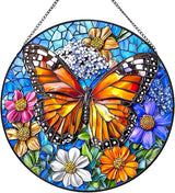 Butterfly Stained Glass Window Hanging Suncatchers, Flower Sun Catchers Indoor Window Glass Wall Art Decor,Birthday Gifts for Women 7.87"