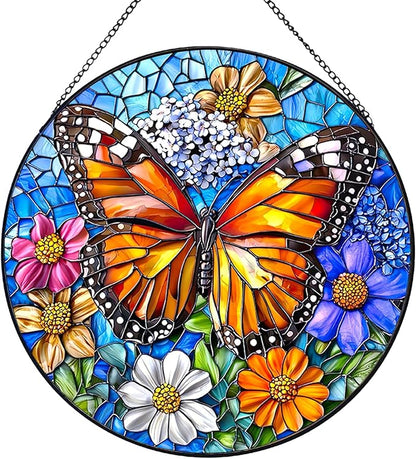 Butterfly Stained Glass Window Hanging Suncatchers, Flower Sun Catchers Indoor Window Glass Wall Art Decor,Birthday Gifts for Women 7.87"