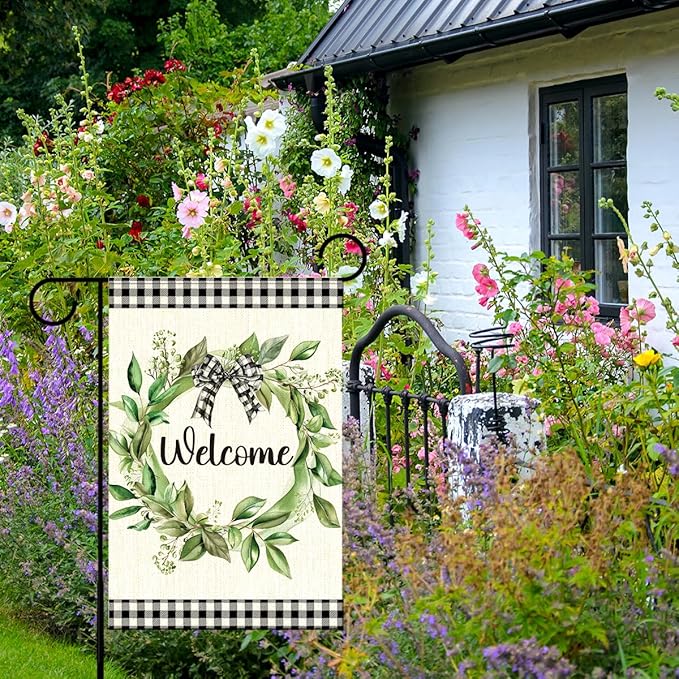 Welcome Spring Summer Garden Flags, Eucalyptus Wreath Outdoor Flags for Garden, Spring Summer Flowers Buffalo Plaid Farmhouse Yard Lawn Porch Flag for Outside Decor 12x18 Inch Double Sided