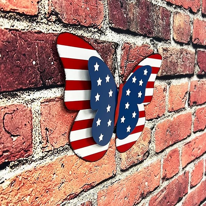Rustic Metal Americana Butterfly Patriotic Wall Decor American Flag Hanging Ornaments 4th July Garden Yard Signs Independence Day Indoor Outdoor Wall Decoration