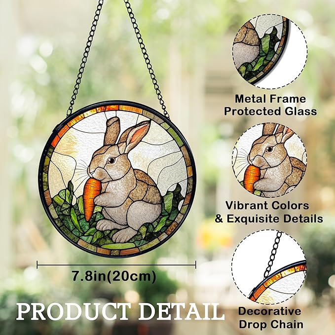 Easter Bunny Carrot Suncatchers Stained Glass Window Hanging, Easter Bunny Decor Sun Catchers Indoor Window Glass Round Wall Decor, Rabbit Wall Hanging Decorations, 7.9x7.9in