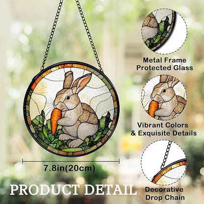 Easter Bunny Carrot Suncatchers Stained Glass Window Hanging, Easter Bunny Decor Sun Catchers Indoor Window Glass Round Wall Decor, Rabbit Wall Hanging Decorations, 7.9x7.9in