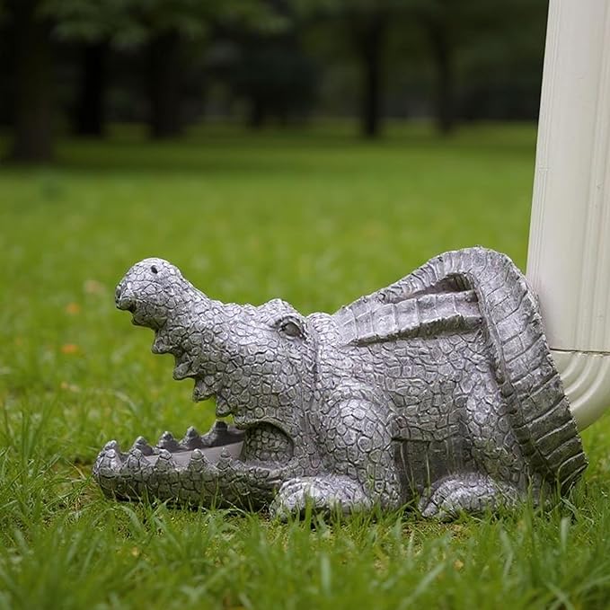 Crocodile Statue Gutter Downspout Extensions, Rain Gutter Downspout Splash Block Cover Sculpture Decorative, 3" × 4" Downspouts