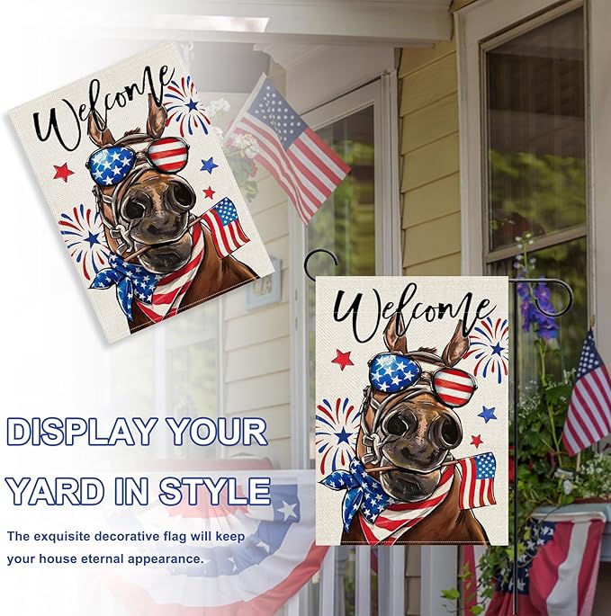 Welcome 4th of July Donkey Patriotic Decorative Garden Flag, America USA Stars Stripes Independence Day Yard Outside Decorations, American Firework Outdoor Small Home Decor Double Sided 12 x 18