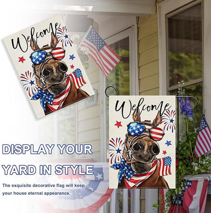 Welcome 4th of July Donkey Patriotic Decorative Garden Flag, America USA Stars Stripes Independence Day Yard Outside Decorations, American Firework Outdoor Small Home Decor Double Sided 12 x 18