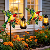 2 Pack Solar Garden Statue Figurine with Solar Lanterns Outdoor Waterproof, Green Hummingbird Hanging Solar Light, Solar Path Light Yard Art, Outside Patio Garden Decor Best Gift for Mom Grandma Women